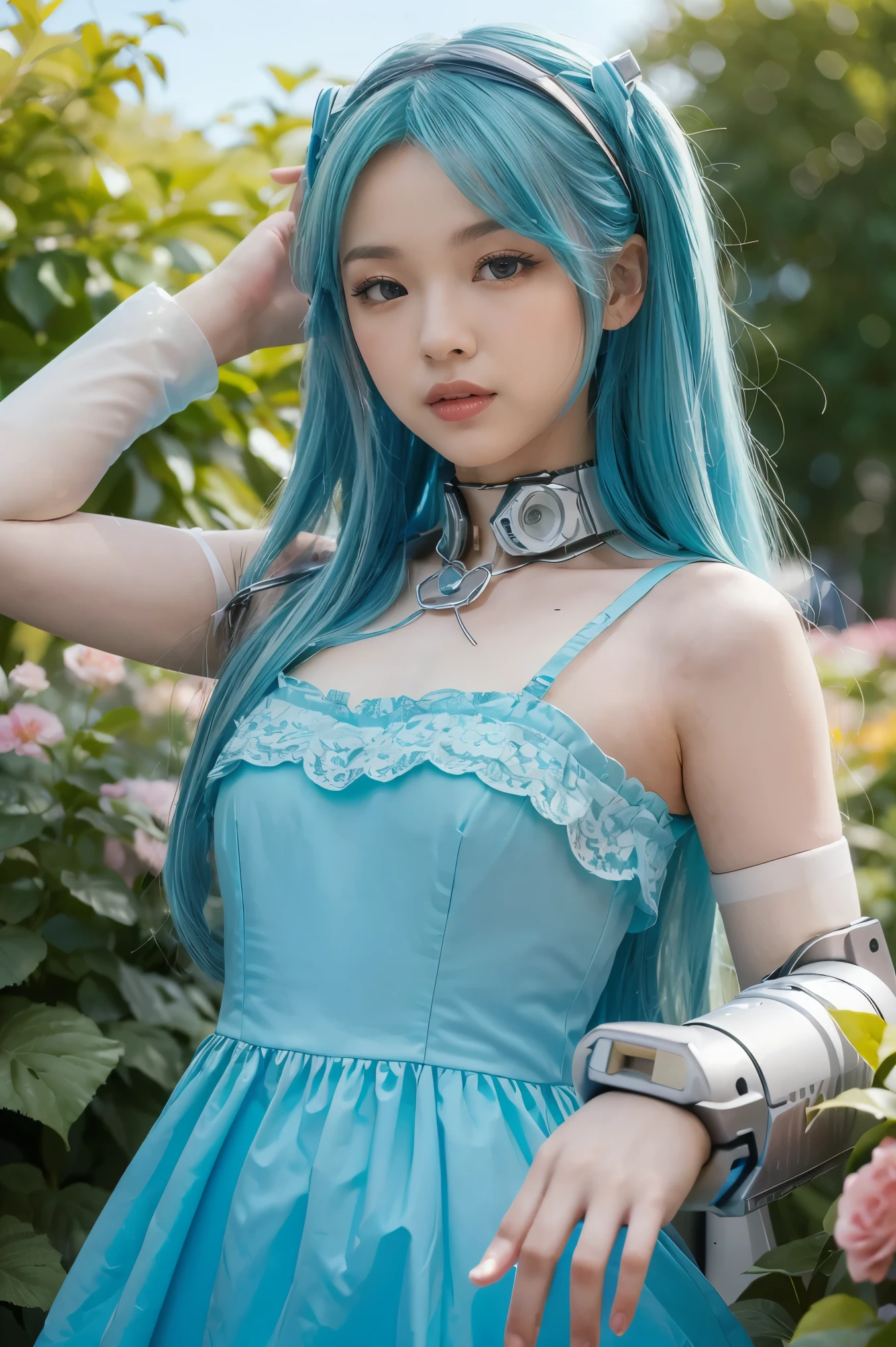 (masterpiece, best quality:1.4), high detail, detailed background,dramatic lighting, 1girl, cute, (vocaloid), ((Hatsune Miku)), ((blue teal hair)), (long hair), (pastel colors:0.9), (blue beautiful eyes), (gradient hair), (gradient eyes), (((masterpiece, best quality, volumetric lighting, dynamic pose, intricately detailed face))), ((perfect eyes)), (((looking at the viewer))), ((summer)), ((perfect details)), ((light particles)), ((scenery)), ((Garden)), ((illustration, aesthetic)), flowers covering one eye, ((robotic dress)),