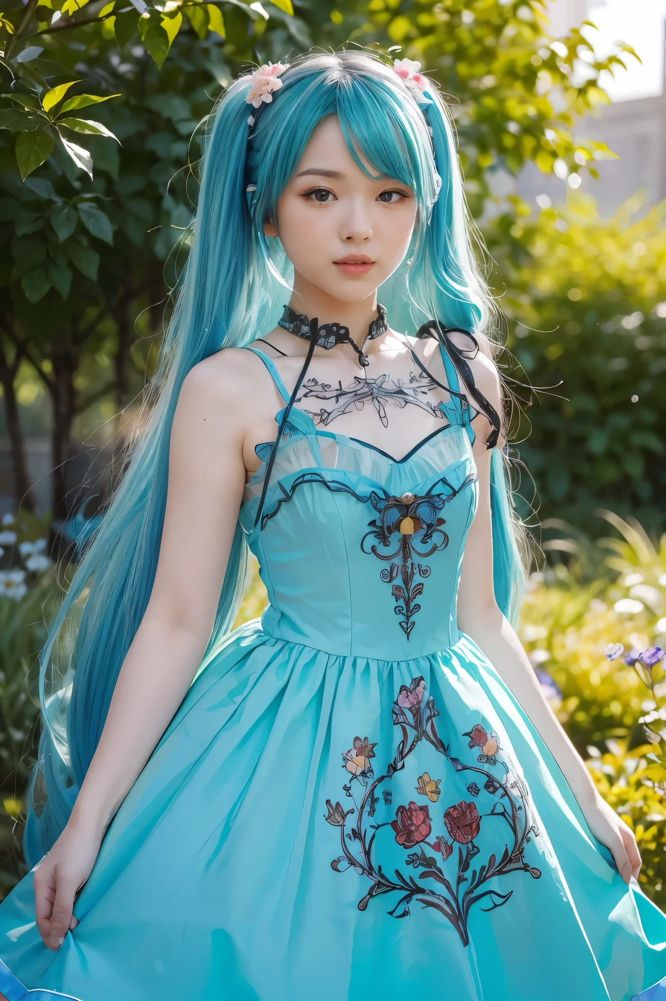 (masterpiece, best quality:1.4), high detail, detailed background,dramatic lighting, 1girl, cute, (vocaloid), ((Hatsune Miku)), ((blue teal hair)), (long hair), (pastel colors:0.9), (blue beautiful eyes), (gradient hair), (gradient eyes), (((masterpiece, best quality, volumetric lighting, dynamic pose, intricately detailed face))), ((perfect eyes)), (((looking at the viewer))), ((summer)), ((perfect details)), ((light particles)), ((scenery)), ((Garden)), ((illustration, aesthetic)), flowers covering one eye, ((robotic dress)),