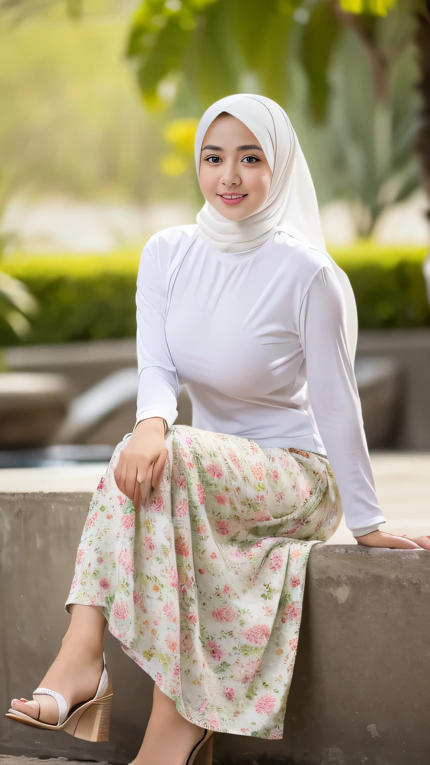 RAW, Best quality, high resolution, Masterpiece: 1.3), Beautiful indonesian adult woman in hijab, Masterpiece, Perfect slim body, ((small breasts, small boobs)), Beautiful  eyes, water eyes, Soft smile, ((wearing white longsleeve t-shirt, floral fully long skirt, with closed hijab pashmina, LONG FLORAL SKIRT, high heels)), ((closed clothes), ((polite clothes)), thick ass, windy, skin details, skin texture details, wide, sexy body, morning time, happy, at village, blurred background, bokeh, full body shot, head to toe shot, fullbody photograph 