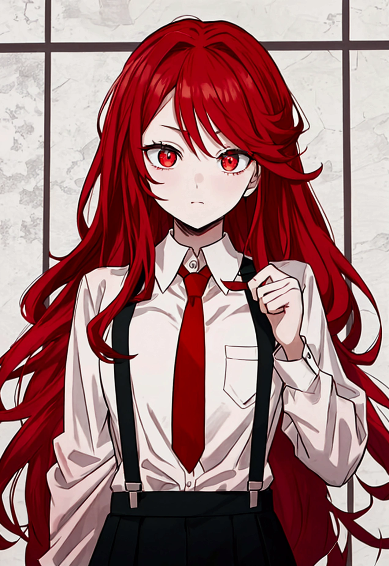 there is a red-haired girl with long, wavy hair. She has golden eyes and wears a white shirt with a red tie and black suspenders, she is a hero inthe My hero akabemia univers, fighting an enemy, mad look , looks at the cemara