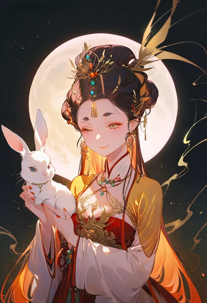 (a girl in the garden,Moon Palace,Chang'e,moon cake,rabbit),best quality,Super detailed,actual:1.37,illustration,traditional Chinese painting,harmonious colors,soft light
