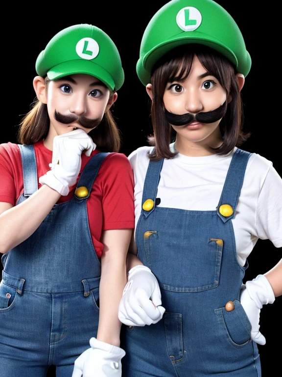 2 girls, (girl cosplaying as Mario and girl cosplaying as Luigi, [The girl dressed as Mario has brown bob hair and Brown big eyes, super cute slightly round face, is wearing Mario's red Casquette, fake mustache, a red shirt, blue overalls, and white gloves], [The girl dressed as Luigi has blond wavy hair and pale Blue big eyes, very beautiful slightly narrow face, is wearing Luigi's green Casquette, fake mustache, a green shirt, blue overalls, and white gloves]), Both of them are wearing shirts with a slightly open chest, Both of them are leaning forward to emphasize their Big breasts, background is the Mushroom Kingdom, pink mushroom, ((masterpiece, best quality, high resolution))