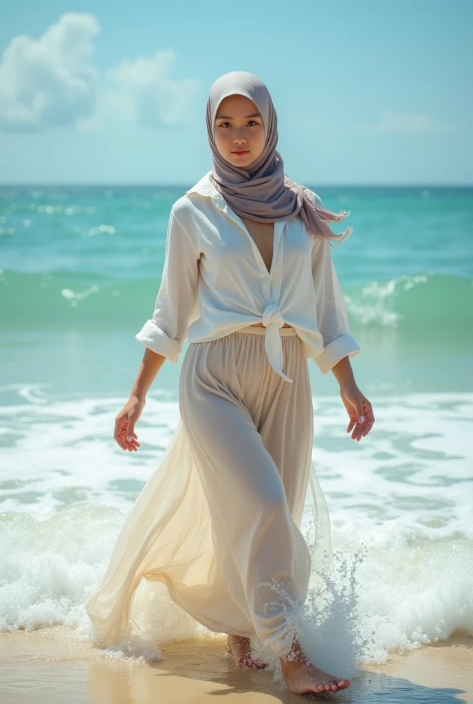 White headscarf, black long sleeve t shirt, white skirt, Barefoot beautiful woman walking on the beach. 