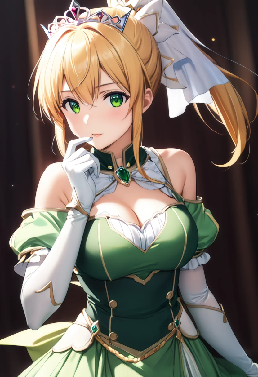 ((masterpiece)), Highest quality, Very detailed,(One Girl),Kirigaya Naoha, Long Hair, Blonde, Hair accessories, Green Eyes, ponytail, Hair Tube, dress, green dress, gloves, [Bare shoulders, jewelry, Cleavage, Princess, elbow gloves,Tiara,brooch,white gloves、Adult female、thin、Very beautiful、Beautiful Face、(((Green and white armor、breastplate、Shiny Armor:1.2)))、Gold earrings、Gray Hair, Green Eyes, Pink Lips, Cowboy Shot