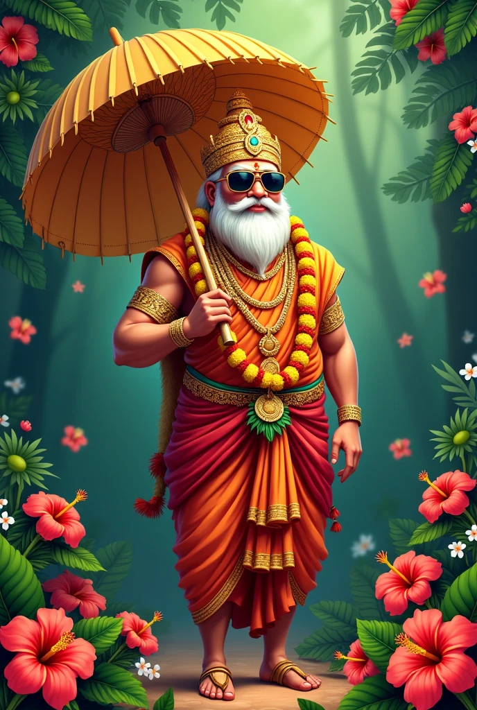 Create a vector of Maveli, the legendary king of Kerala. He should have a smily expression, wearing a golden crown, a white mundu with a golden border, and a red shawl. Include traditional gold jewellery and a small golden parasol. Background: Kerala's natural elements like coconut trees, banana leaves, and lamps
