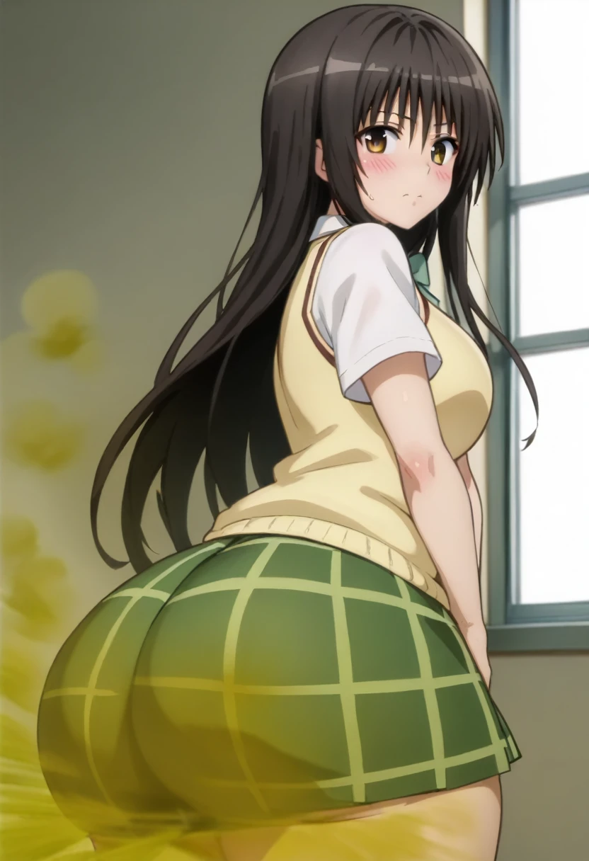 Himejima Akeno、long hair、blush、one person、white apron、naked apron、Akkanbe、stick out tongue、I can see your butt、squat、spread your legs