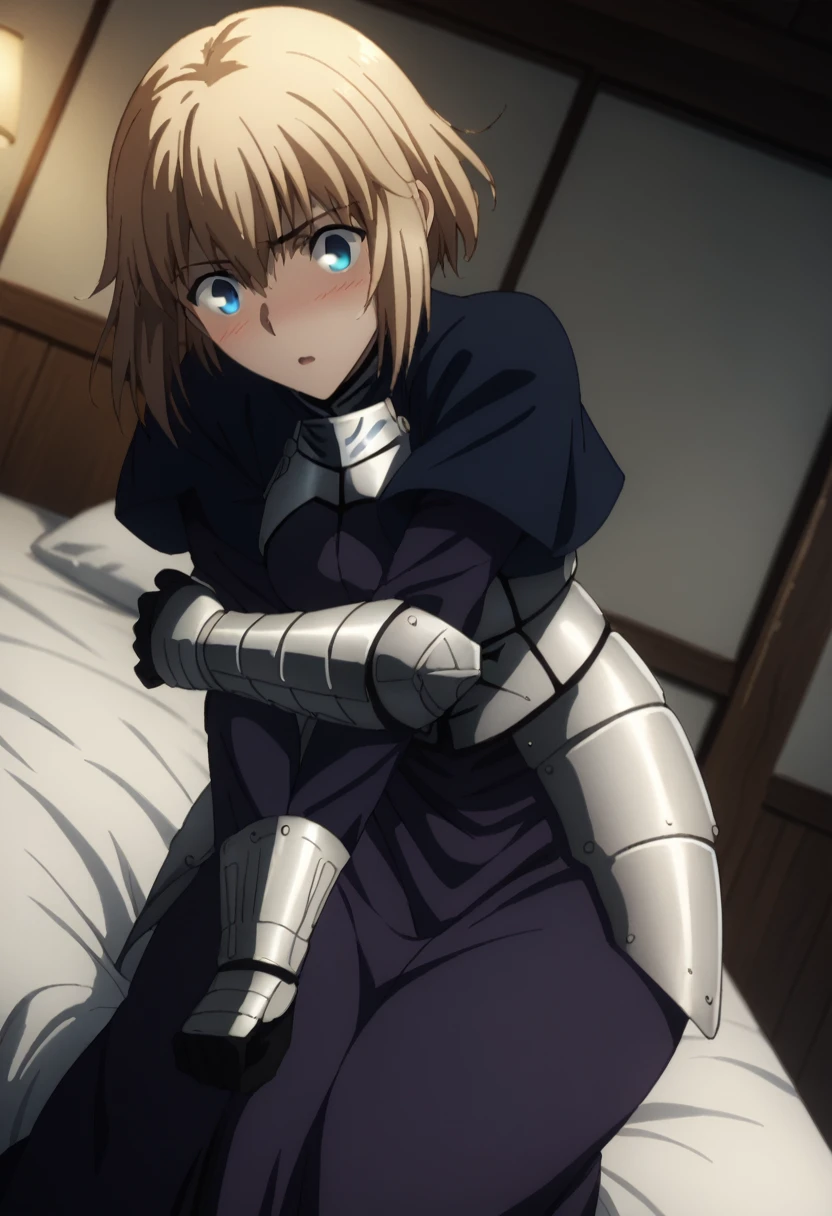 sauce_anime, ambient light,
fsn_ubw_style, Jean D. Arc,  1girl ,tall girl, straight hair ,short cut hair, blond hair, deep blue eyes,, hair between eyes, (eyes wide open), (surprised eyes) , perfect eyes , Perf, close up face:0.2 ,  
nsfw, JeanArmor, headpiece, purple capelet, purple dress, armor, long skirt, in white panties purple thighhighs,
indoors, bed, realistic bed room, ( Hugging one’s knees ), ,
cowboy shot, looking at viewer, solo, dutch angle, blush, medium breast, 