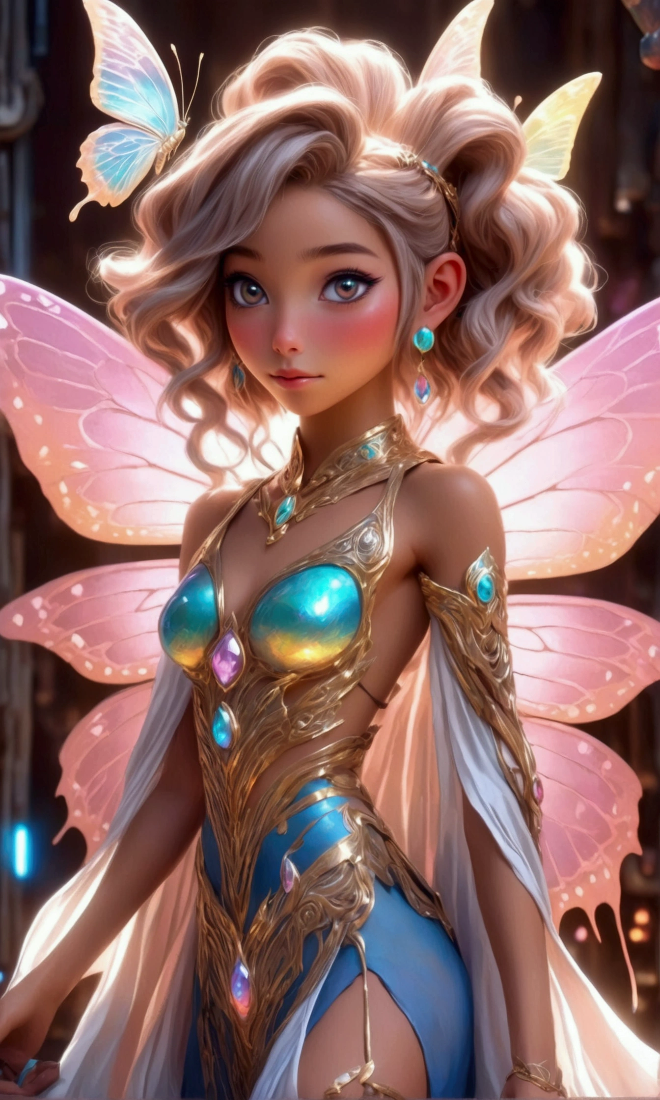 a cute yuna, magical art elf, butterfly wings, enormous gem eyes, four arms, sparkly colorful dress, toolbelt loaded with art supplies, working on an art project, enormous desk, detailed facial features, highly detailed, cinematic lighting, vibrant colors, fantasy, digital art, concept art, 8k, award winning illustration
