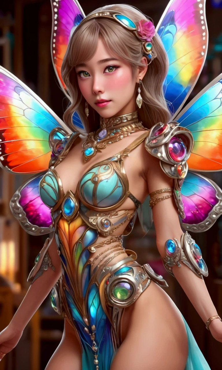 a cute yuna, magical art elf, butterfly wings, enormous gem eyes, four arms, sparkly colorful dress, toolbelt loaded with art supplies, working on an art project, enormous desk, detailed facial features, highly detailed, cinematic lighting, vibrant colors, fantasy, digital art, concept art, 8k, award winning illustration
