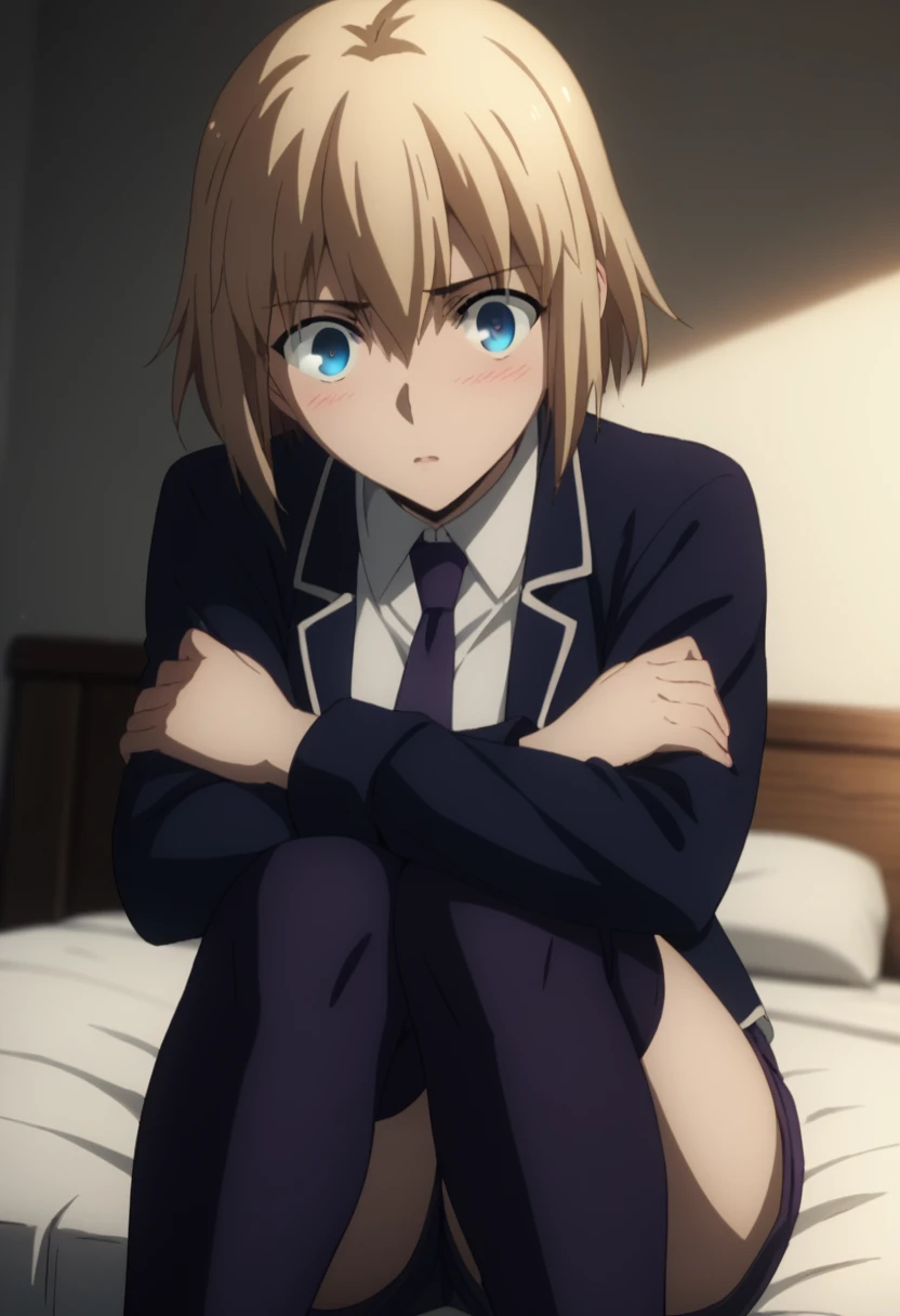 sauce_anime, ambient light,
fsn_ubw_style, Jean D. Arc,  1girl ,tall girl, straight hair ,short cut hair, blond hair, deep blue eyes,, hair between eyes, (eyes wide open), (surprised eyes) , perfect eyes , Perf, close up face:0.2 ,  
nsfw, JeanSchool, purple jacket, collared shirt, white shirt, purple necktie, purple shorts, purple thighhighs
indoors, bed, realistic bed room, ( Hugging one’s knees ), ,
cowboy shot, looking at viewer, solo, dutch angle, blush, medium breast, 