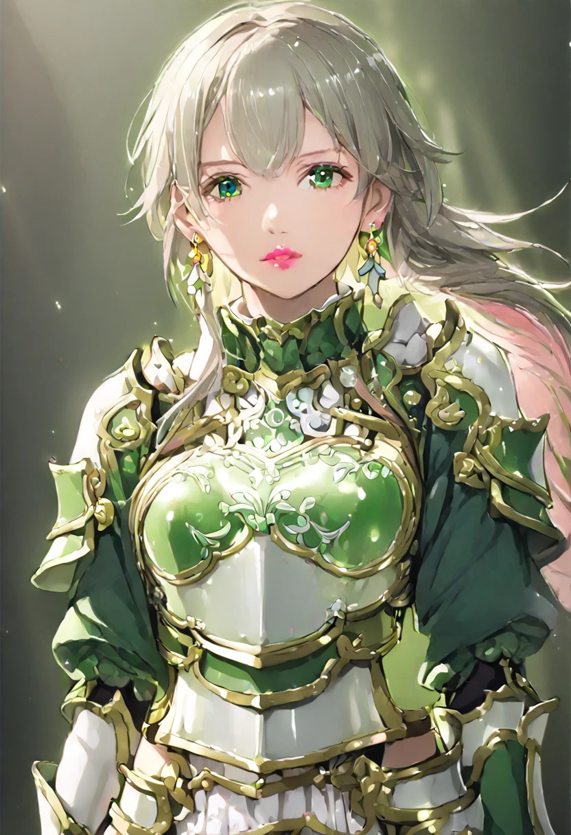 ((masterpiece)), Highest quality, Very detailed,(One Girl),Kirigaya Naoha, Long Hair, Blonde, Hair accessories, Green Eyes, ponytail, Hair Tube, dress, green dress, gloves, [Bare shoulders, jewelry, Cleavage, Princess, elbow gloves,Tiara,brooch,white gloves、Adult female、thin、Very beautiful、Beautiful Face、(((Green and white armor、breastplate、Shiny Armor:1.2)))、Gold earrings、Gray Hair, Green Eyes, Pink Lips, Cowboy Shot