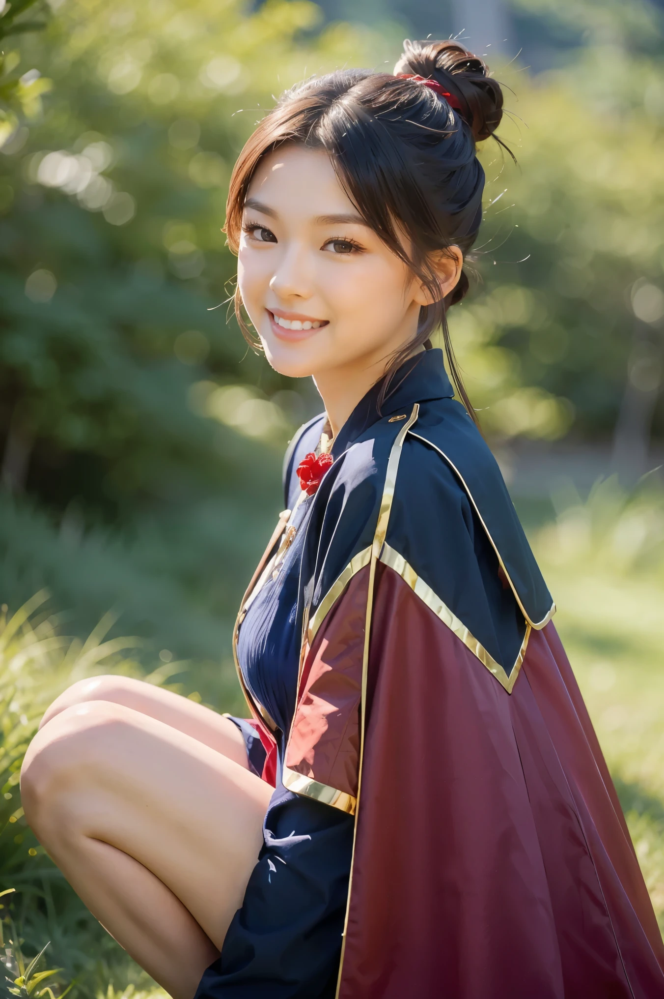 Chinese female general Hua Mulan，Saffron Hu suit lining，Detail the eyes，Crimson cape，Gold metal breastplate，silver helmet，battlefield background，majestic，Smile（open mouth）（The corners of the mouth are raised），Leather tunic，Knee armor，Eight clones，red metal headband，light blue hair，Hair bun raised high。wild wilderness background