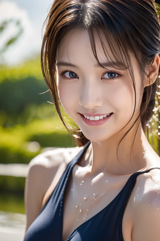 (Realistic: 1.4, Highest quality, 8k,Wet:1.3 ), ( 20-year-old, Cheerleader、Sportswear, Sweat: 1.2, Black-haired), Fine skin,, double eyelid, alone、Big Breasts:1.5、Cleavage、Bust up shot、Wet:1.1、Embarrassed look、A light smile、Open your mouth、Detailed face、Detailed eyes、Full body photo:1.5、Random hairstyles for short hair and updos、Lift your arm and look under your arm:1.5