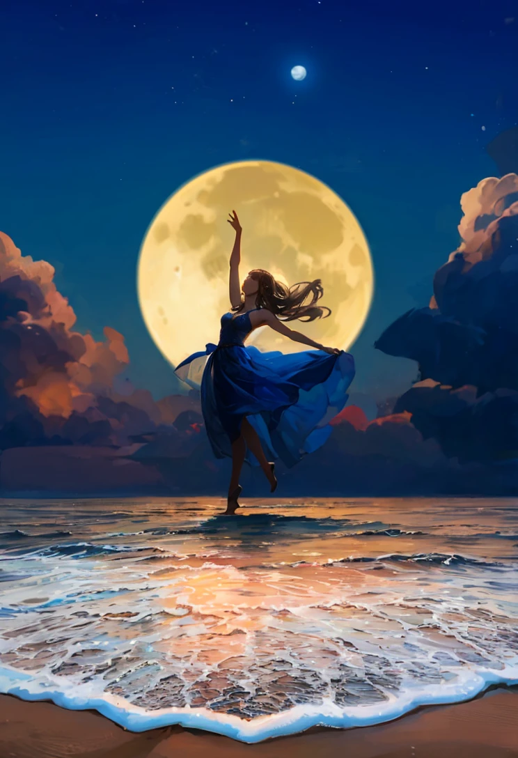 arafed woman in a blue dress dancing on the beach at night, the moonlit dance of the fae, goddess of the moon, moon goddess, by Alexander Kucharsky, dancing gracefully, the moon behind her, lunar goddess, standing in moonlight, by John Moonan, moonlight, float under moon light at night, very beautiful photo