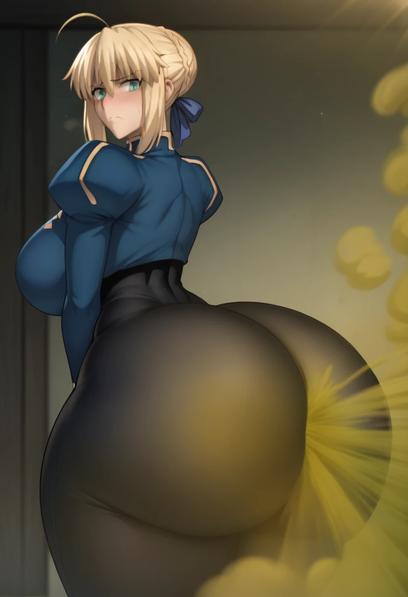 multiple thick body tsunade lying down front side on bed with view of konoha village, show back side, raised hips, tsunade robe tsunade jacket, doggystyle