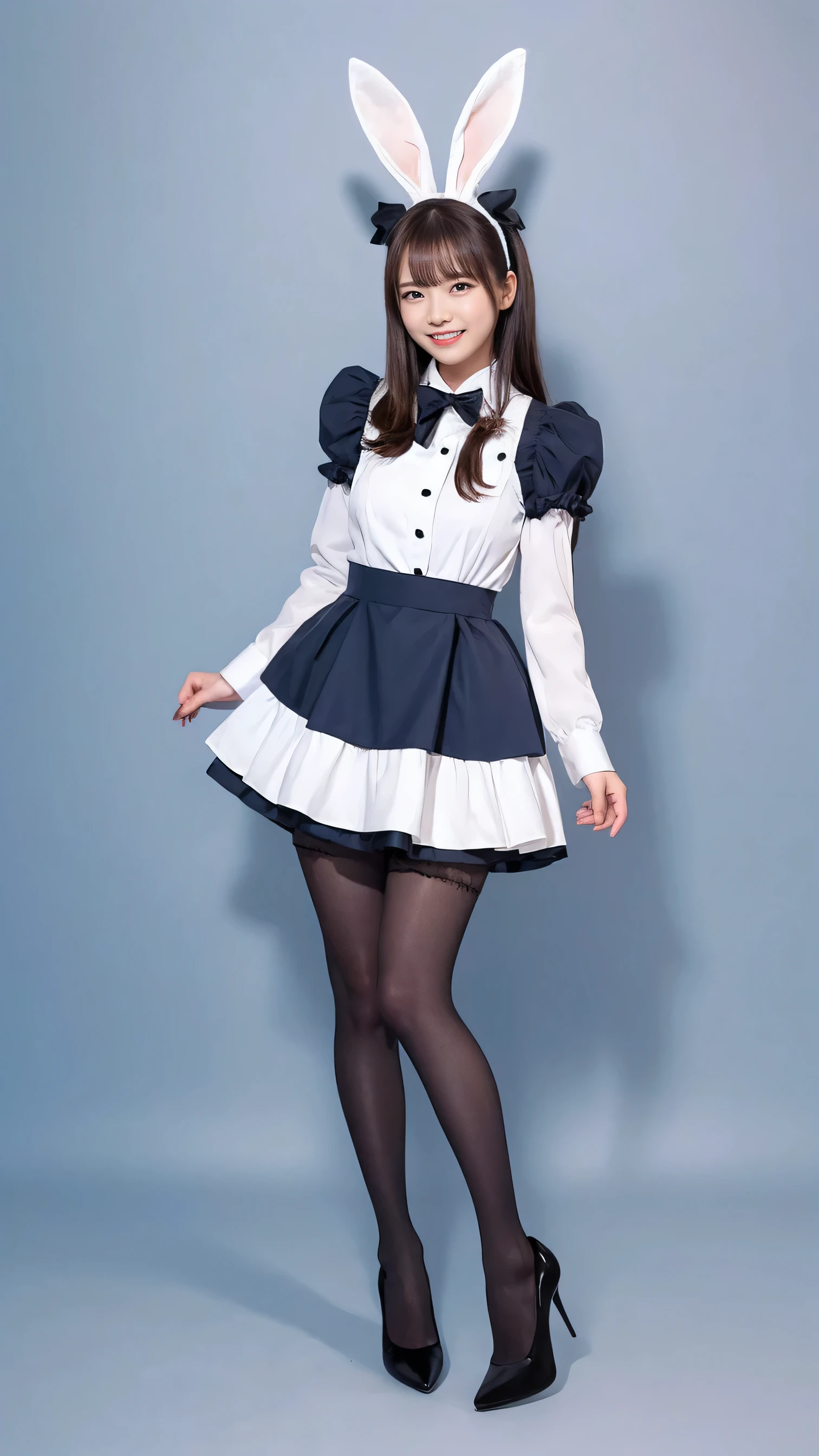 Bunny girl in a light blue maid outfit:1.5，Full body photo、I wore tights:1.5，The best smile:1.5，Full Body Shot:1.5，Gray background:1.5，Wearing black high heels:1.5，
