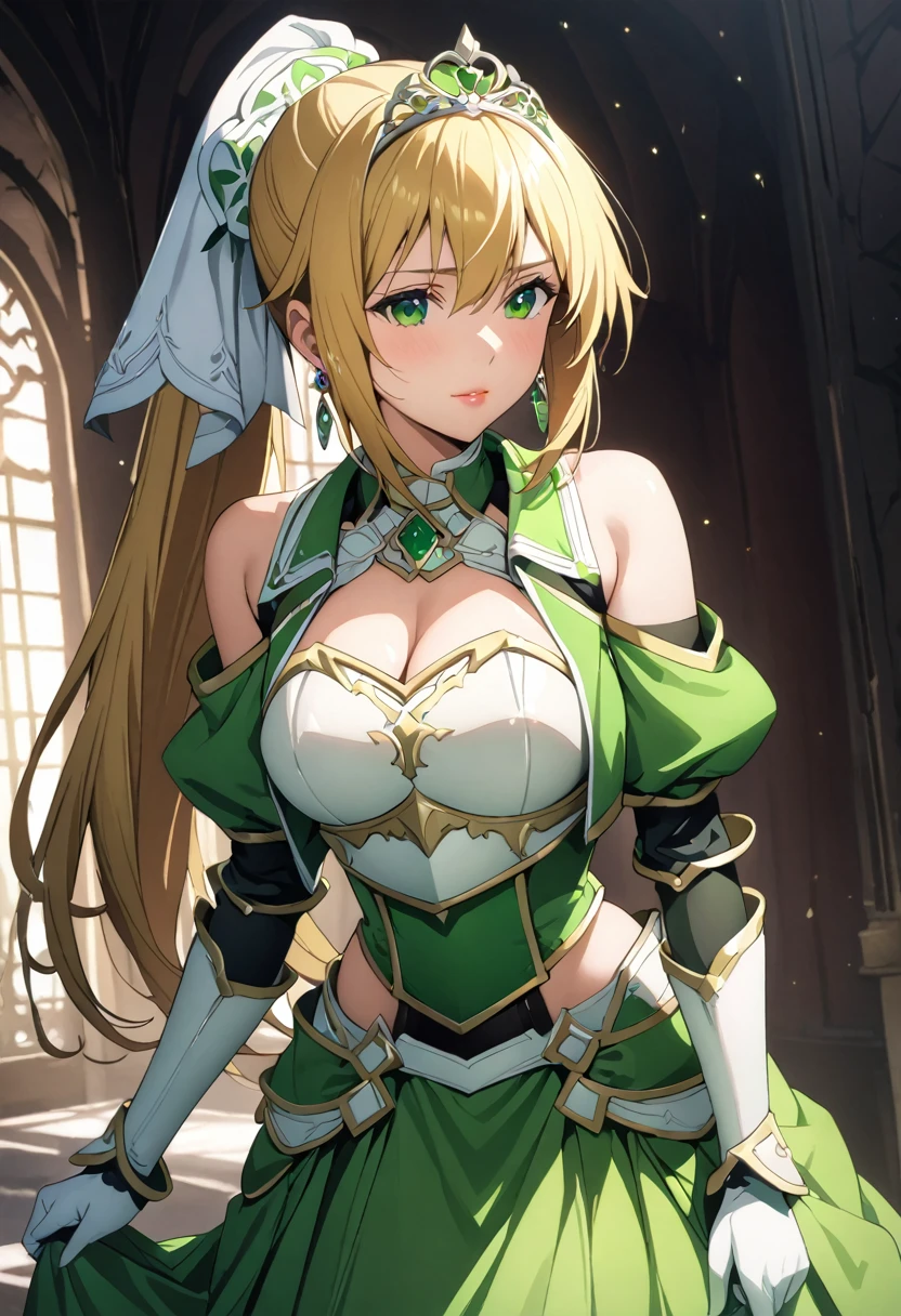 ((masterpiece)), Highest quality, Very detailed,(One Girl),Kirigaya Naoha, Long Hair, Blonde, Hair accessories, Green Eyes, ponytail, Hair Tube, dress, green dress, gloves, [Bare shoulders, jewelry, Cleavage, Princess, elbow gloves,Tiara,brooch,white gloves、Adult female、thin、Very beautiful、Beautiful Face、(((Green and white armor、breastplate、Shiny Armor:1.2)))、Gold earrings、Gray Hair, Green Eyes, Pink Lips, Cowboy Shot