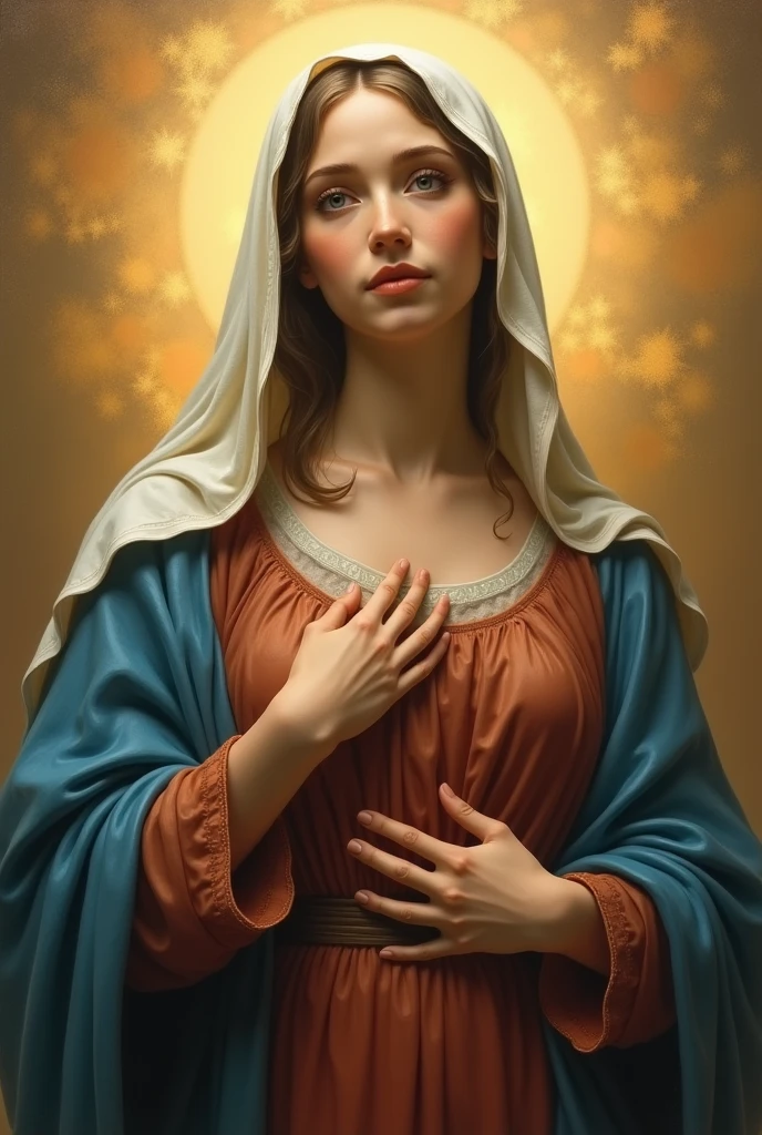 A very beautiful triptych of the Virgin Mary and her biography, Reddish beige lingerie and blue cloak and veil, Staring at the camera with moist eyes,Images in the Triptych with Mary's Love
