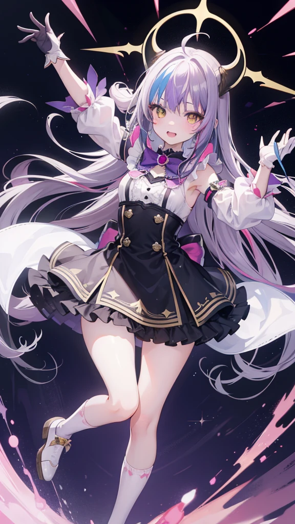 1girl, virtual youtuber, animal ears, thighhighs, purple eyes, solo, wings, long hair, white hair, dress, smile, bell, animal ear fluff, full body, cat ears, white thighhighs, white background, puffy sleeves, looking at viewer, short sleeves, puffy short sleeves, shoes, neck bell, blue dress, purple dress