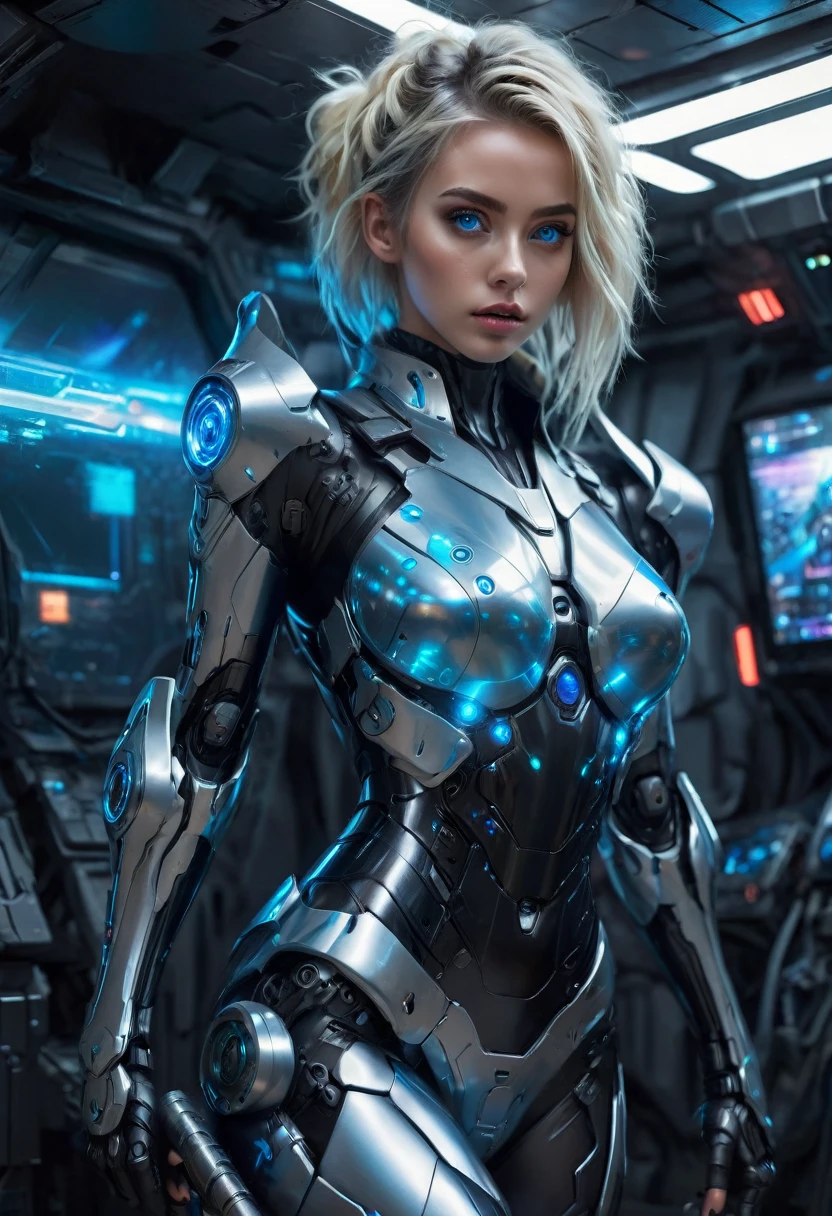 A woman wearing exoskeleton cyber armor, The armor fits snugly、((She has a plasma gun in her hand)), Full body photo, Maximum details, Superior quality through precise drawings, 8k,chest, blue eyes,  High resolution, 超High resolution, Highest quality, Shortcuts, Big chest, Cinematic Lighting Effects, Futuristic, blonde, 美しいBlack Hairの女性, blue eyes, Cyberpunk style woman, ((Inside a high-tech spaceship)), High-quality images、Black Hair, Shortcuts, 