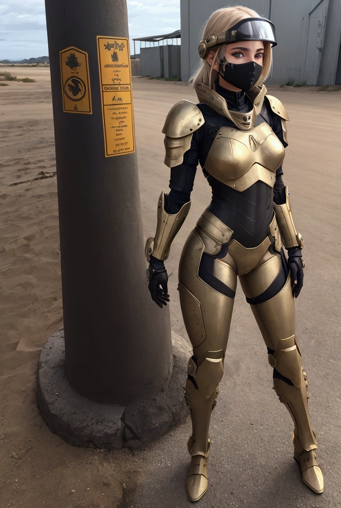 1boy, modern soldier, solo, black eyeliner, male medium length hair, medium hair texture, yellow hair, handsome, blue eyes, black choker, black clothes, black long boots, desert, red lipstick, femboy, blush, thin waist, black body armor