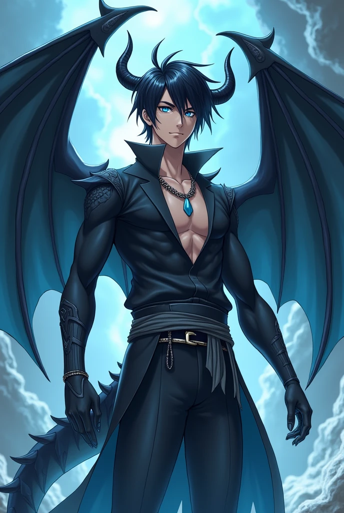 ((best quality)), ((masterpiece)), (detailed), 1 boy, black long hair, bluish highlight in hair, undercut, muscular bust, pearly eyes, horns, blue dragon burned wings, tall, tanned skin, tatoo on the neck, tatoo in arms, medieval outfit.
