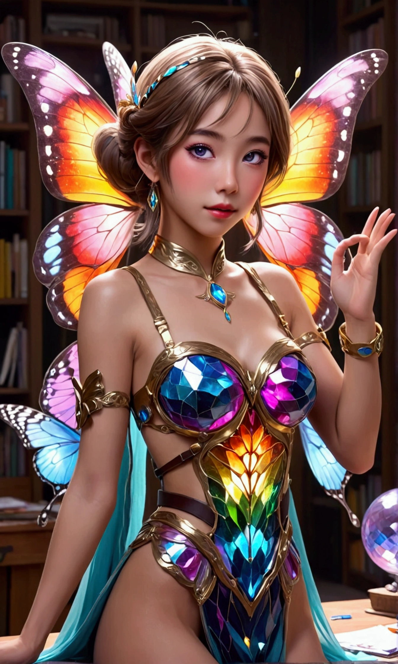 A young 15- yr old native Asian girl with lovely charming face,( dark skin texture masterpiece),( wearing glasses),(smiling with exposed teeths showing)(perfect full body detailed anatomy), (Super accessories detailed), (meditating ), (perfect detailed bright sparkling eyes),( short ponytail illuminating red gemstone crystalized hair), ((expose big hard erect nipples))(( exposed panty ))((legs wide open showing pussy line))(( Wearing transparent illuminating costume of a magician)), holding a treasure book or box (( illuminating different lights covering the sorrounding atmosphere)) on its back wearing beautiful large top hat with butterfly wings detailed design, The character solemnly praying, 7 different perspective view of that same girl & face profile sheet character style