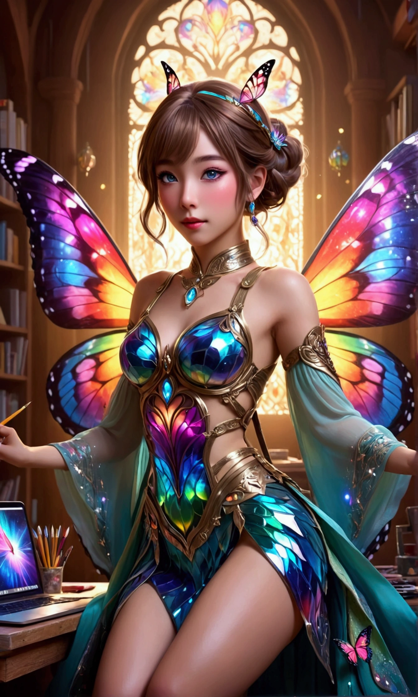 a cute yuna, magical art elf, butterfly wings, enormous gem eyes, four arms, sparkly colorful dress, toolbelt loaded with art supplies, working on an art project, enormous desk, detailed facial features, highly detailed, cinematic lighting, vibrant colors, fantasy, digital art, concept art, 8k, award winning illustration
