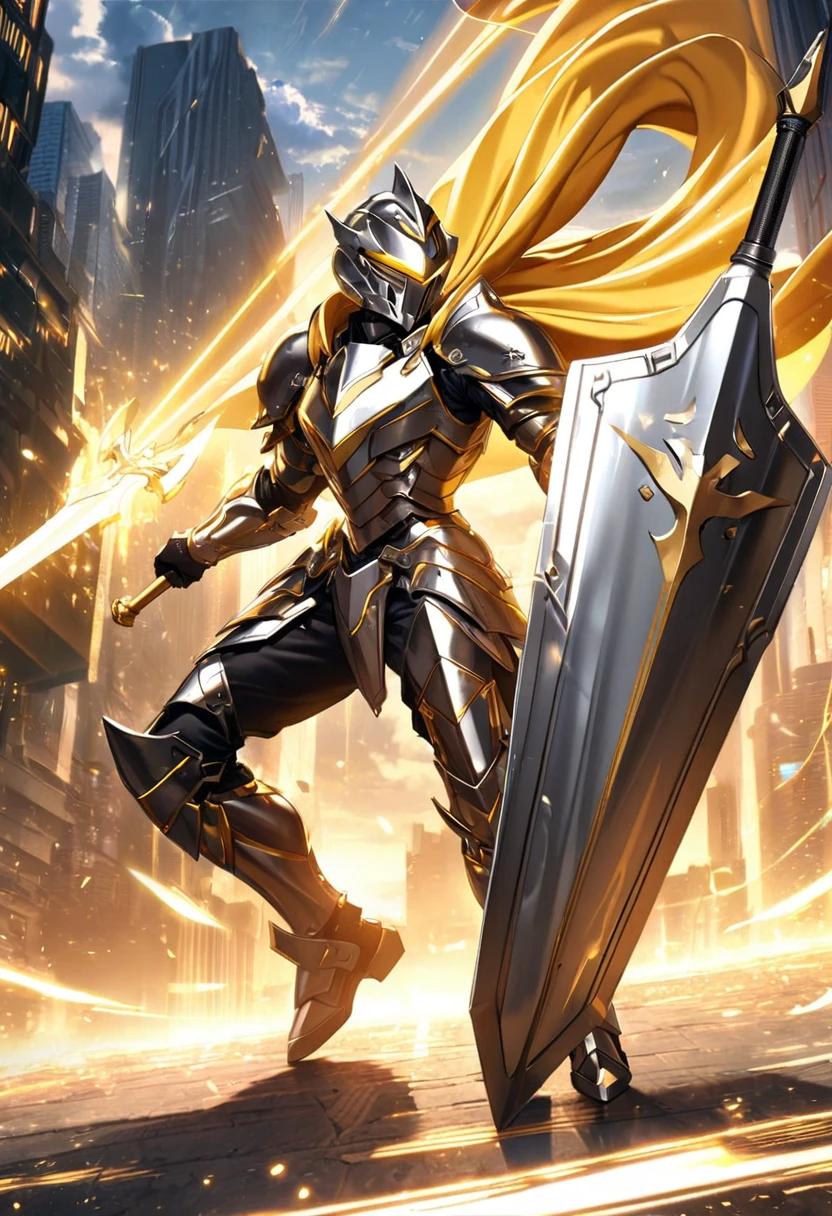 1 warrior, full-body silver armor, golden accents, long flowing cape, large sword, heavy shield, helmet with visor, futuristic knight, standing in a futuristic cityscape, ethereal sunlight beams, floating particles, heroic stance, glowing patterns, dynamic action pose, golden light reflecting off armor, clouds and beams in background.