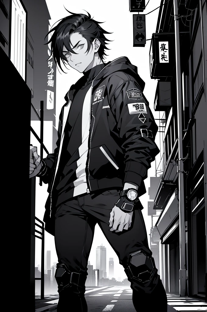 Night view background、Black and White、Monochrome、Black Hair, Cyberpunk Anime Boy, Black and Whiteの発光するメカサイバーアーマーの少年、Shining Eyes、Pale skin