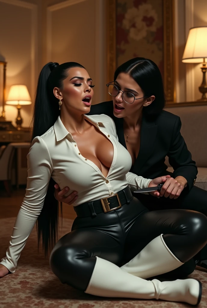 photo of a blonde man secretary cummin with his cock over a soaked and sweaty completly clothed horny prime minister of parliament woman with a sensual smile completely lying on her back on the desk while a man is on top of her penetrating her vagina, her hands are wrapped around the man's back, monica bellucci at 35 years old , (( red lipstick)) (( Monica is dressed with a blue leather tellier double breasted jacket blue turtleneck sweater , and a black long maxi-skirt(black long maxi-skirt:1.2 )) (( black soft stiletto Leather boots )) (( black ponytail hair)) (( she is wearing his favorite vintage grey silk gloves )) ( (( the photo is from above)) ( incredible blue eyes lookin at the camera laughing)) (( but now the cock is out from the vagina, the big erected cock is cummin all over her body and face, big spurt of sperm from the penis hits her face, she have a laugh, cum over her eyes)) (( she try to stop the cum with her hands, she laugh))