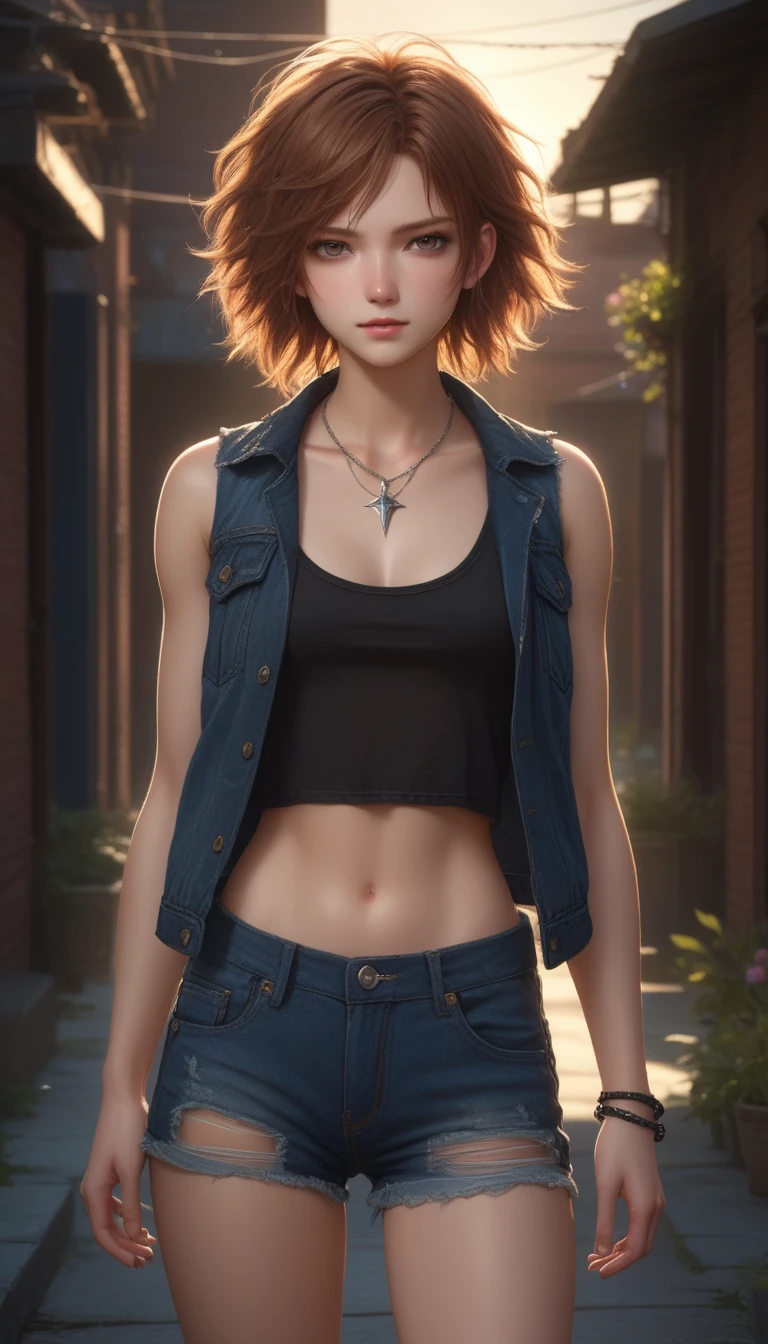 Masterpiece , highly detailed , best quality , perfect face , green eyes , fubuki , wearing black leather jacket over short sleeves red printed t-shirt and blue jeans , in city , arms bound behind back   , looking at camera , standing still 