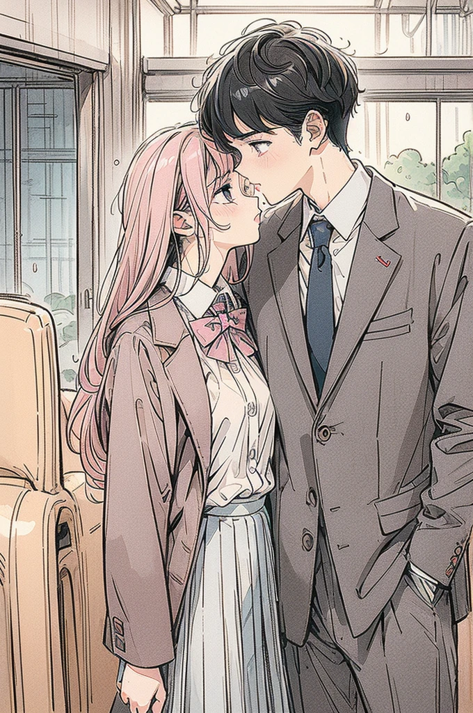 masterpiece, Highest quality, Very detailed, 【Illustration, Beautiful detailed eyes, close, With boys and girls. She had pink hair, White pleated shirt, The button on the chest is broken, skirt. The boy has black hair, Black Suit, Black Pants. Kissing a girl in the car, Heavy rain weather