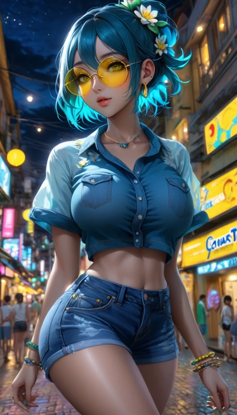 ((Midnight, highest quality, 8k, masterpiece :1.3)), whole body, Long legs, Sharp focus :1.2, Beautiful woman with perfect figure :1.4, Slim Abs :1.1, ((Dark brown hair, Big Breasts :1.2)), (White tight T-shirt、Crop top、Nipple Puffs、Hard erect large nipples、overalls, Jean Bib, Are standing:1.2), ((Night city view, rooftop:1.3)), Highly detailed face and skin texture, Fine grain, double eyelid、Camel Toe、Giant tit、Earrings、necklace、Bracelet、Caster wheel、first round、Plump、Super big breasts、Ahoge、Slut、Cleavage,Mole on chest、transformation、Odd Eye、Molester、Plump、Super big breasts、Super big butt、Earrings、Earrings、necklace、Thick lips、Heterochromia、Bracelet、Caster wheel、first round、Hair Charm、Lip gloss、Super big breasts、Quite lewd、Slut、Shiny Green Hair