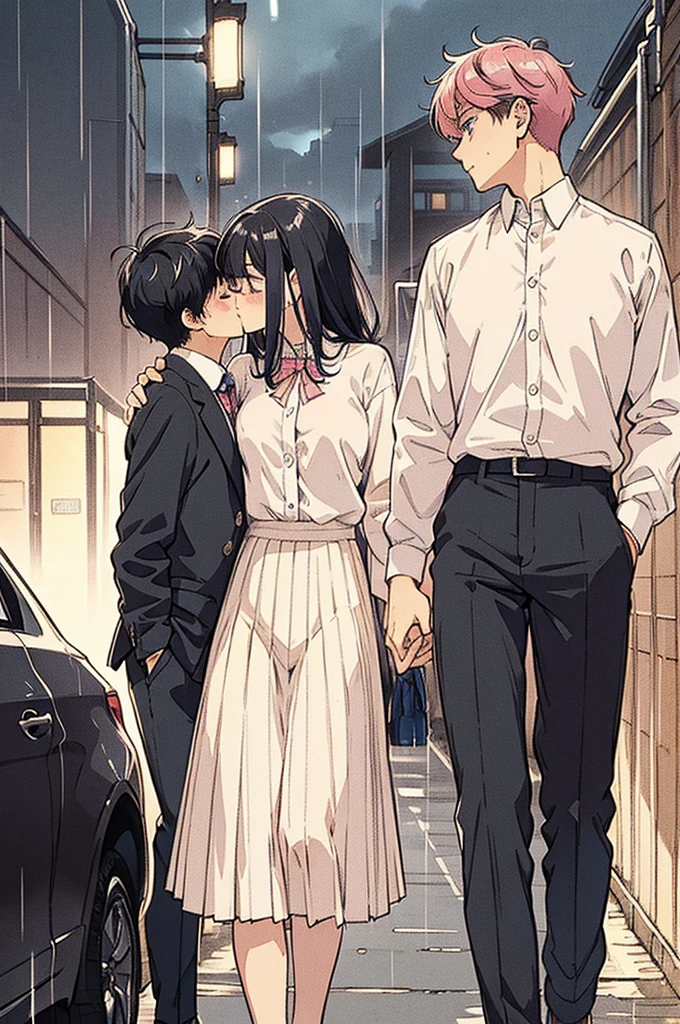 masterpiece, Highest quality, Very detailed, 【An illustration, Beautiful detailed eyes, close, and with the girl. She had pink hair, White pleated shirt, The button on the chest is broken, skirt. The boy has black hair, Black Suit, Black Pants. Kissing a girl in the car, Heavy rain weather