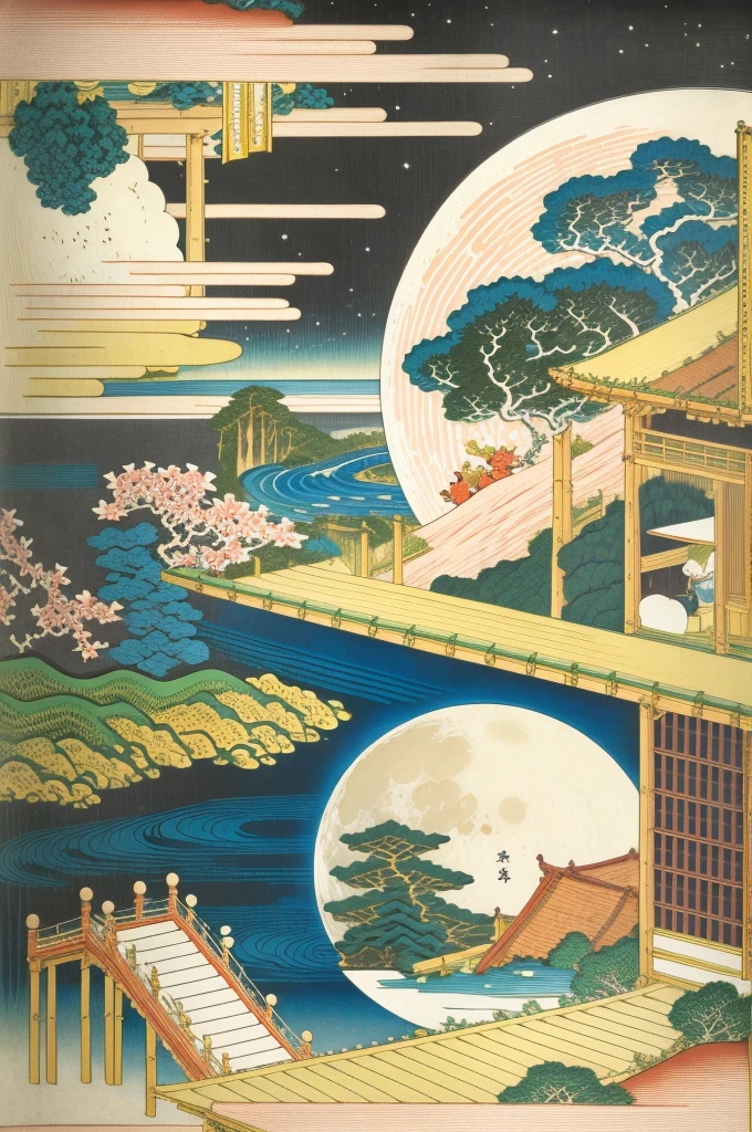 moon、Earth、universe, ukiyoe,  