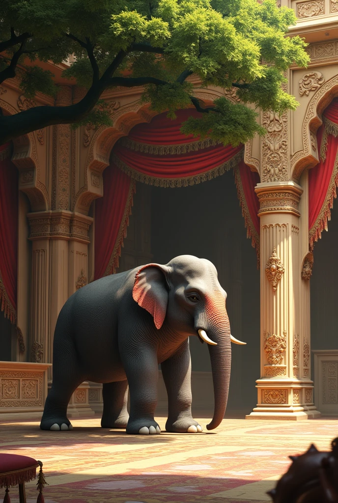 brightly colored furniture in a brightly colored room with a large elephant statue, perfect maximalistic composition, inspired by Mike Winkelmann, surreal sci fi set design, with cinematic colour palette, in the art style of filip hodas, retro futuristic apartment, hypermaximalism, verner panton, inspired by Filip Hodas, bladerunner apartment