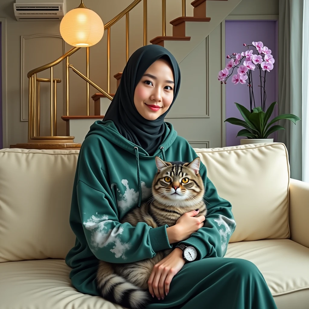 Beautiful Korean girl, smooth white skin, well-groomed face, dark blue hijab, dark blue hoodie, dark brown jamsuit, sitting on a luxurious bed with a bolster pillow bearing the name Santi while hugging a large Angora versia cat, on the table is an iPhone laptop, Luxurious interior background, there is a sofa, AC in the luxurious room, looks authentic, real and realistic in the photo