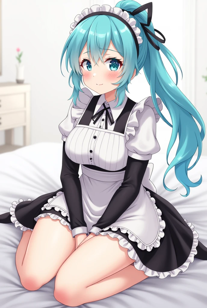 (My little pony), anthro, ((turquoise to white hair gradient)), white body, red eyes, medium breasts, red lips, perfect lines, beautiful quality, room, ((very shy pose)), ((maid costume)), mage hat, radiant light, white stockings, white panties under clothes, big ass, front view, white bra under clothes,