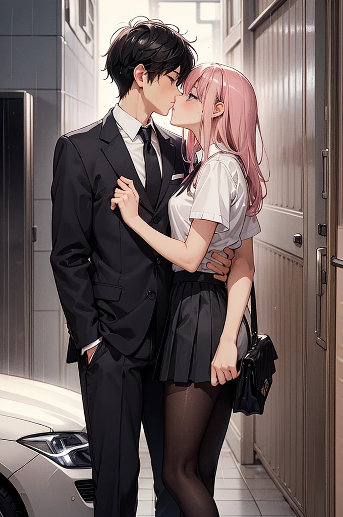 masterpiece, Highest quality, Very detailed, 【An illustration, Beautiful detailed eyes, close, and with the girl. She had pink hair, White pleated shirt, The button on the chest is broken, skirt. The boy has black hair, Black Suit, Black Pants. Kissing a girl in the car, Heavy rain weather