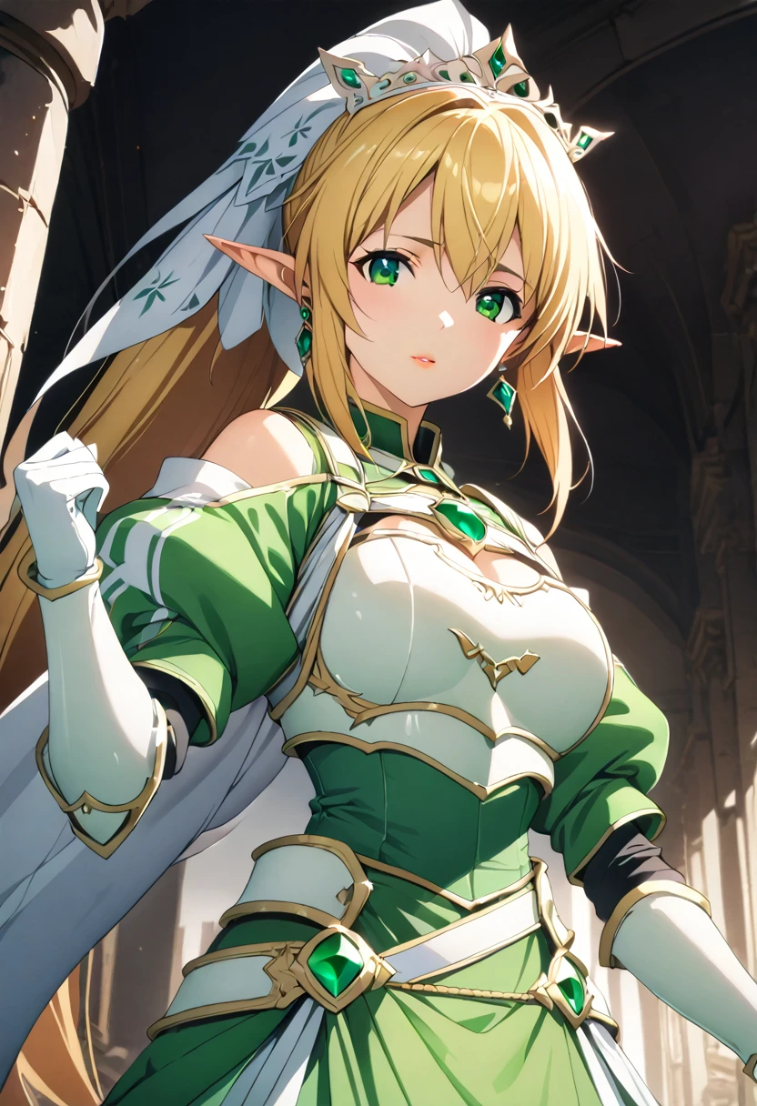 ((masterpiece)), Highest quality, Very detailed,(One Girl),Kirigaya Naoha, Long Hair, Elf Ears, Blonde, Hair accessories, Green Eyes, ponytail, Hair Tube, dress, green dress, gloves, [Bare shoulders, jewelry, Cleavage, Princess, elbow gloves,Tiara,brooch,white gloves、Adult female、thin、Very beautiful、Beautiful Face、(((Green and white armor、breastplate、Shiny Armor:1.2)))、Gold earrings、Gray Hair, Green Eyes, Pink Lips, Cowboy Shot