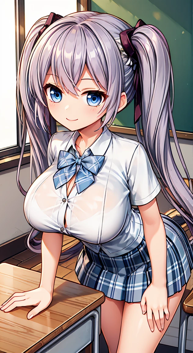 Highest quality,masterpiece,One person,blondes,Twin tails,Schoolgirl uniform,Short sleeve,mini skirt,Large Breasts,smile,classroom,see through ,buzzer ,Micro mini scart,Cleavage,Brasilia,Leaning forward on the desk,The chest is wide open