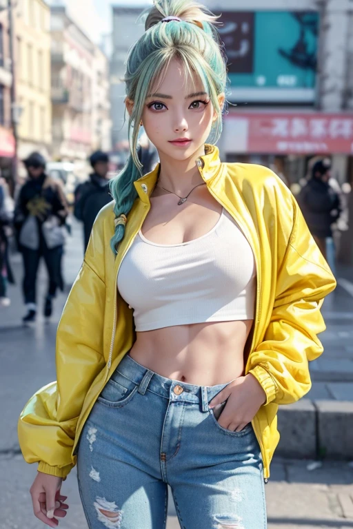 The character costume is KPOP, Hallyu, K-pop anime art style, Hallyu frontline style, Hallyu art style, kpop style, official artwork, Chibi art, Pisif, Blackpink style, cute. KPOP artwork in various poses, The popularity of Pisif art station, lingerie, 16 year old chibi, No watermark, Yellow miniskirt close to the body, open orange jacket, very short light blue top,