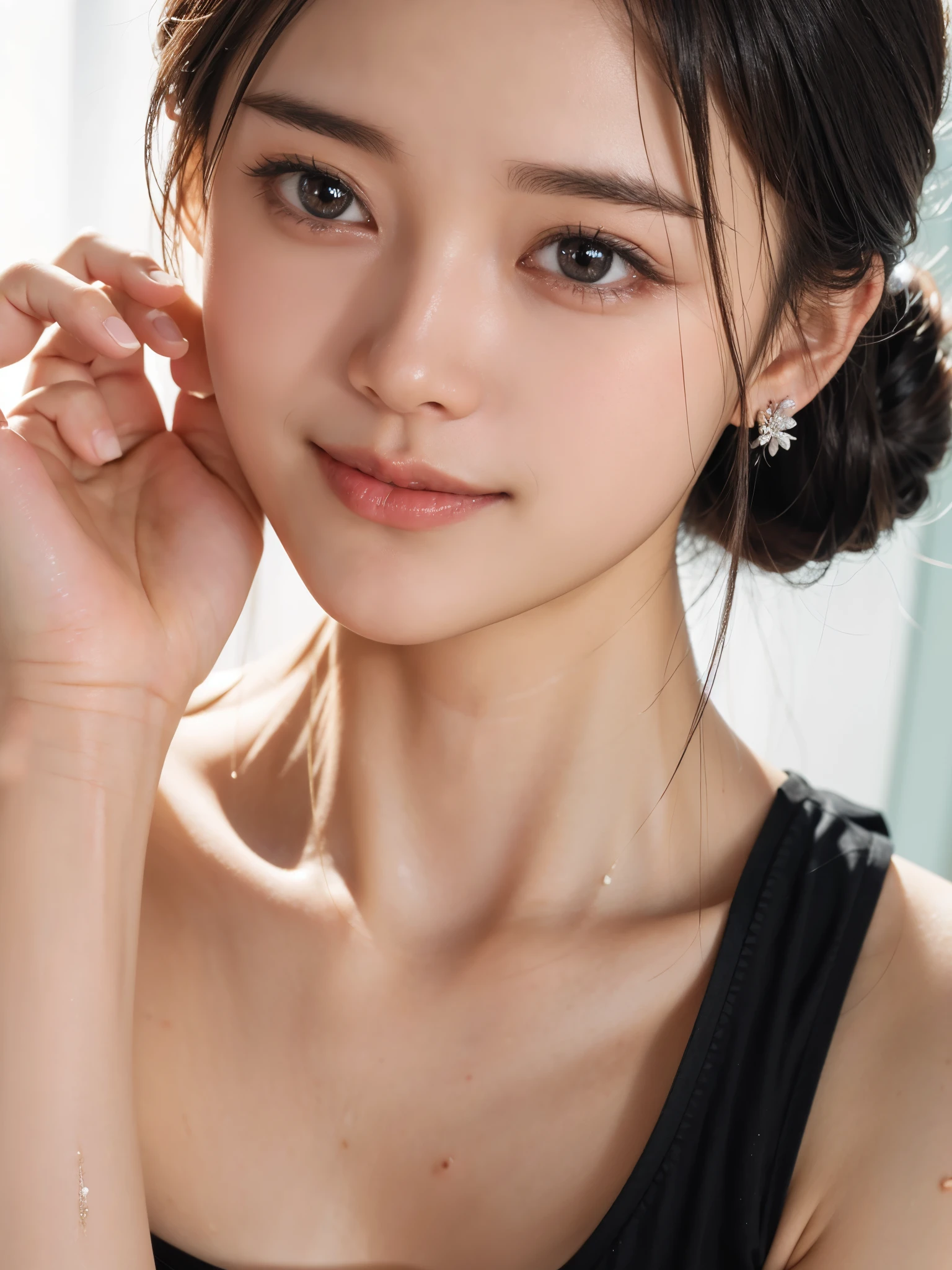 (bestquality, 8k, highres), Hair piercing, Curtain hair, Hair bun, Big Hair, medium hair, Bow headband, heart-shaped pupils, raised eyebrows, smile, Puckered lips, Surrealism, renaissance, Cinematic lighting, Depth of Field, god rays, drop shadow, Fuji color, first-person view, wide angle, Surrealism, UHD, Retina, masterpiece, textured skin, high-detail,
