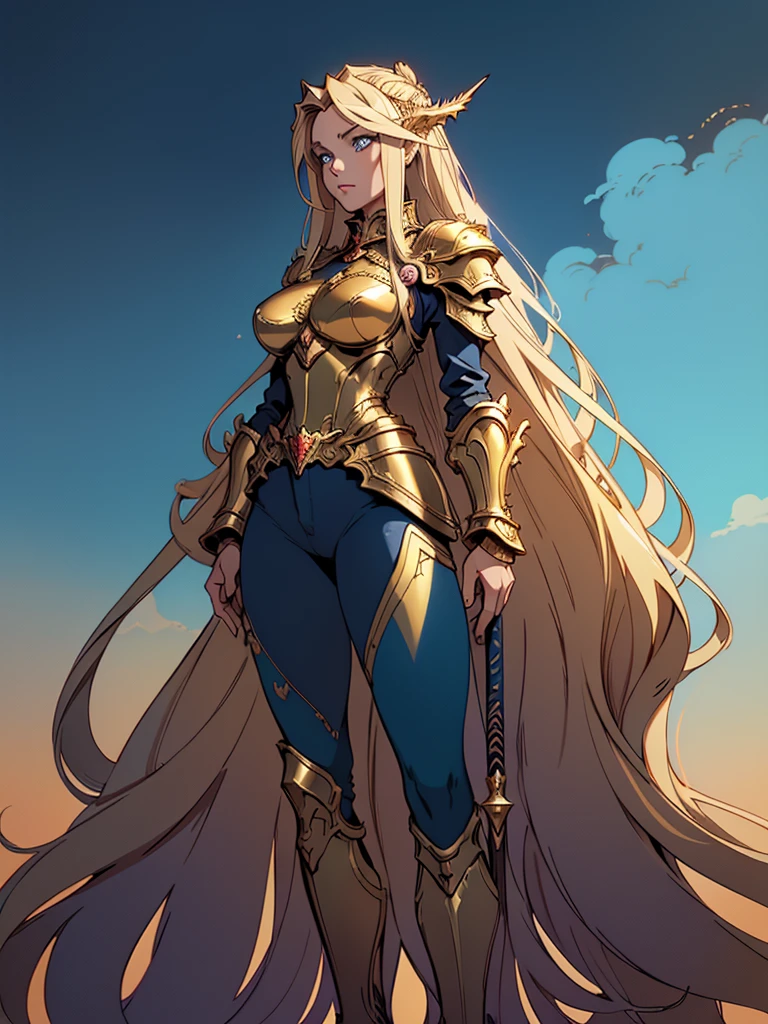 Create an image of a character in ornate golden armor with long flowing hair, standing confidently within an elaborate frame against a sky backdrop. The character is a woman with an anime style. She is wearing tight blue pants. The character is also wearing armored boots. The character has blonde hair and blue eyes. The background is an autumnal landscape. The character can have a dragon made of electricity. The image should be of high quality and the character should be holding a magical sword.