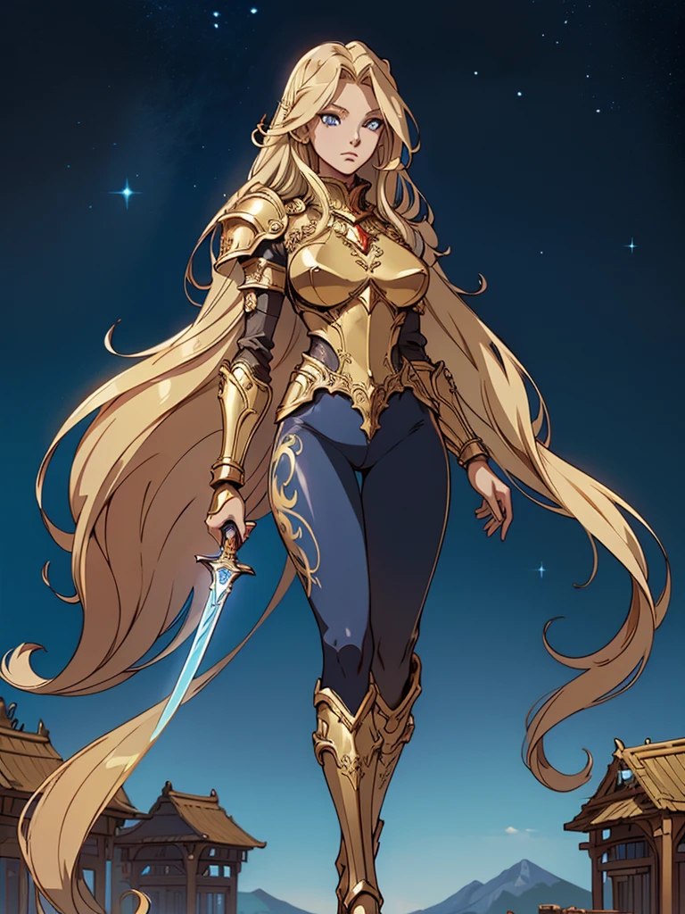 Create an image of a character in ornate golden armor with long flowing hair, standing confidently within an elaborate frame against a sky backdrop. The character is a woman with an anime style. She is wearing tight blue pants. The character is also wearing armored boots. The character has blonde hair and blue eyes. The background is an autumnal landscape. The character can have a dragon made of electricity. The image should be of high quality and the character should be holding a magical sword.