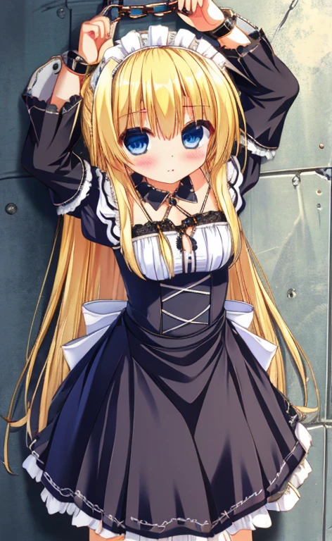 Beautiful long blonde　Blue Eyes　Girl in black maid outfit　Long skirt　Shyness　Watery eye　prison　dungeon-background　Chained handcuffs　Metal collar　chained to the wall　Handcuffed　arms up