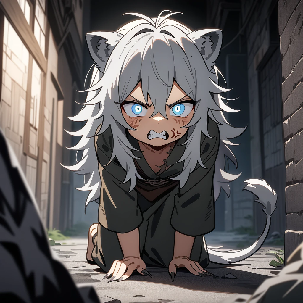 ((masterpiece)), ((extremely delicated and beautiful)), ((best quality)), ((anime style)), 1boy, cute, very young, rags, long fingernails, Feral, on all fours, angry, grit teeth, messy hair, agressive, demi-human, grey hair, long hair, grey lion ears, grey lion tail, small scars on face, trying to look scary, Fantasy, isekai world, dark alley scenery, eyes glowing in darkness. 