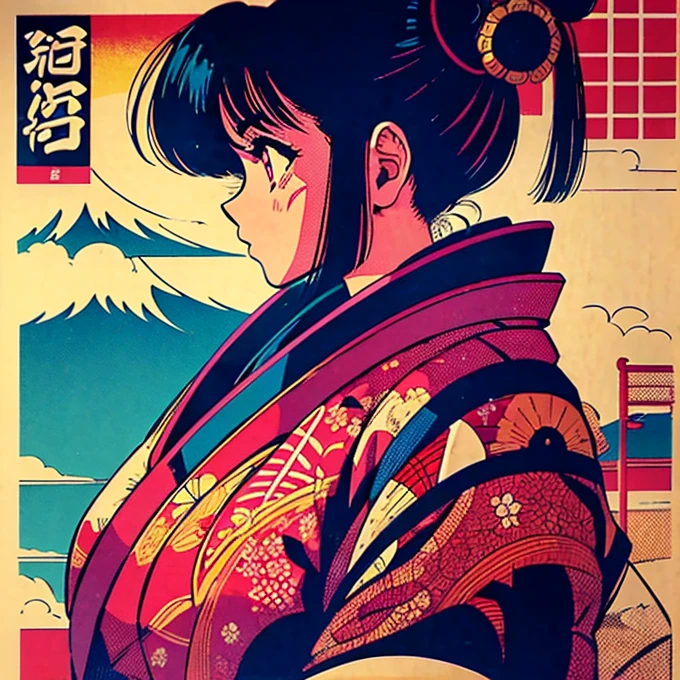 Retro Japanese poster, vintage japanese poster, Kira, futuro 80’s, ultra detailed, 80’s, intricate details 