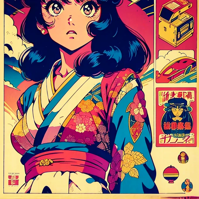 Retro Japanese poster, vintage japanese poster, Kira, futuro 80’s, ultra detailed, 80’s, intricate details 